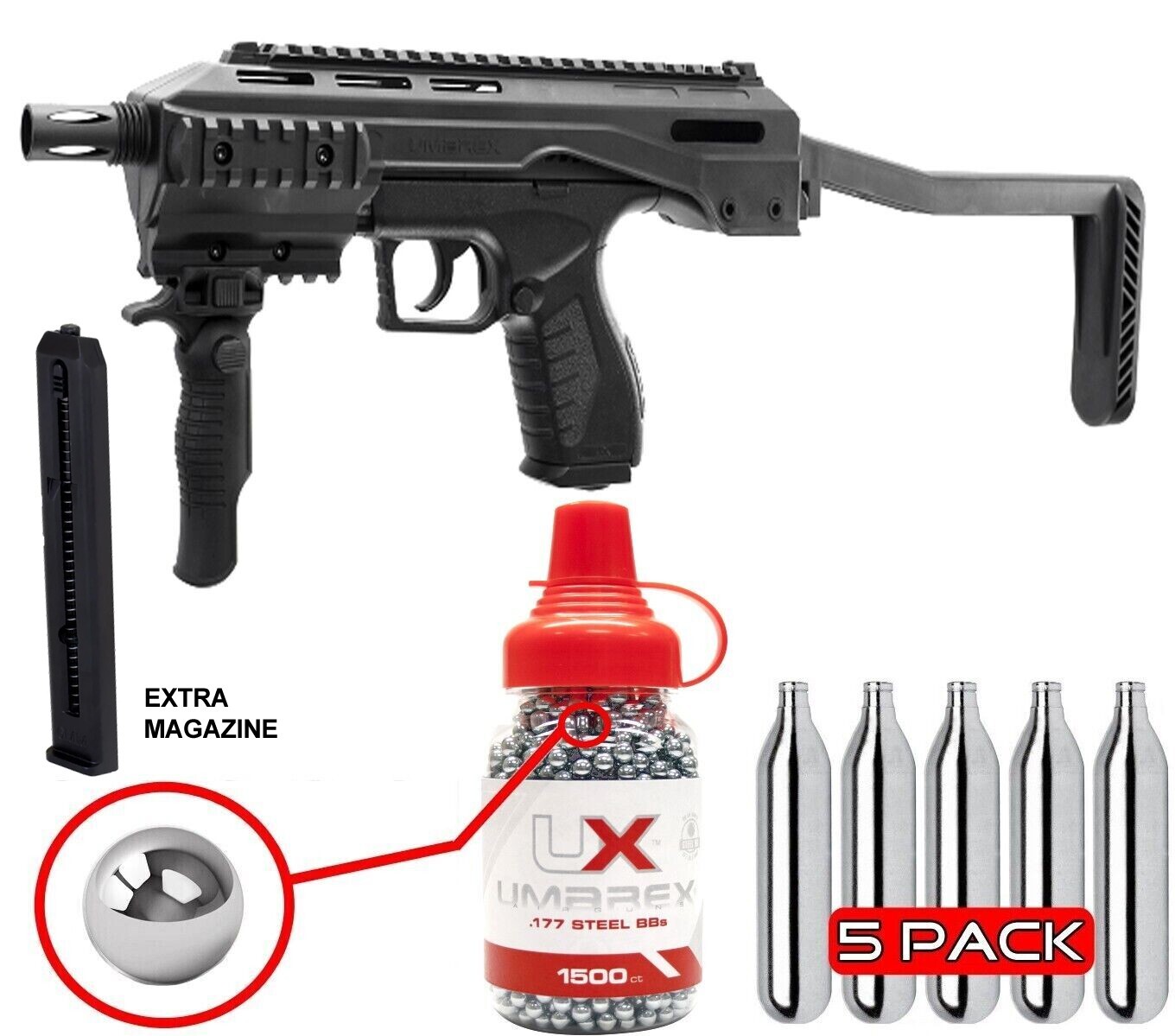 Umarex TAC .177 Cal Air Pistol Carbine + BB Jug, Extra Mag, CO2 Bundle (2244824)