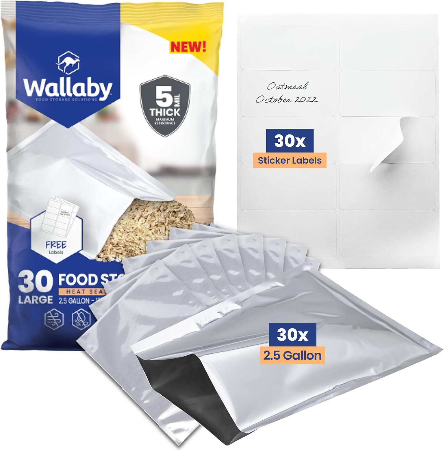 Wallaby 2.5-Gallon Open Top 10 Mil Mylar Bags, Sticker Labels (30-Pack) Wallaby 2.5-Gallon Open Top 10 Mil Mylar Bags, Sticker Labels (30-Pack)