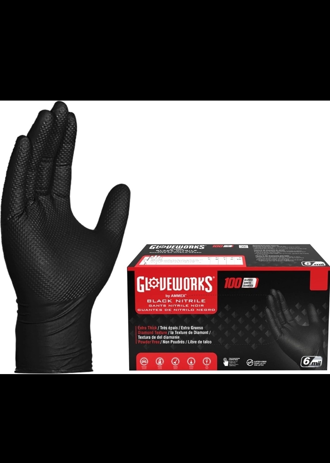 GLOVEWORKS Black Nitrile Gloves - 6 mil Disposable, Large (Pack of 100) Mechanic GLOVEWORKS Black Nitrile Gloves - 6 mil Disposable, Large (Pack of 100) Mechanic