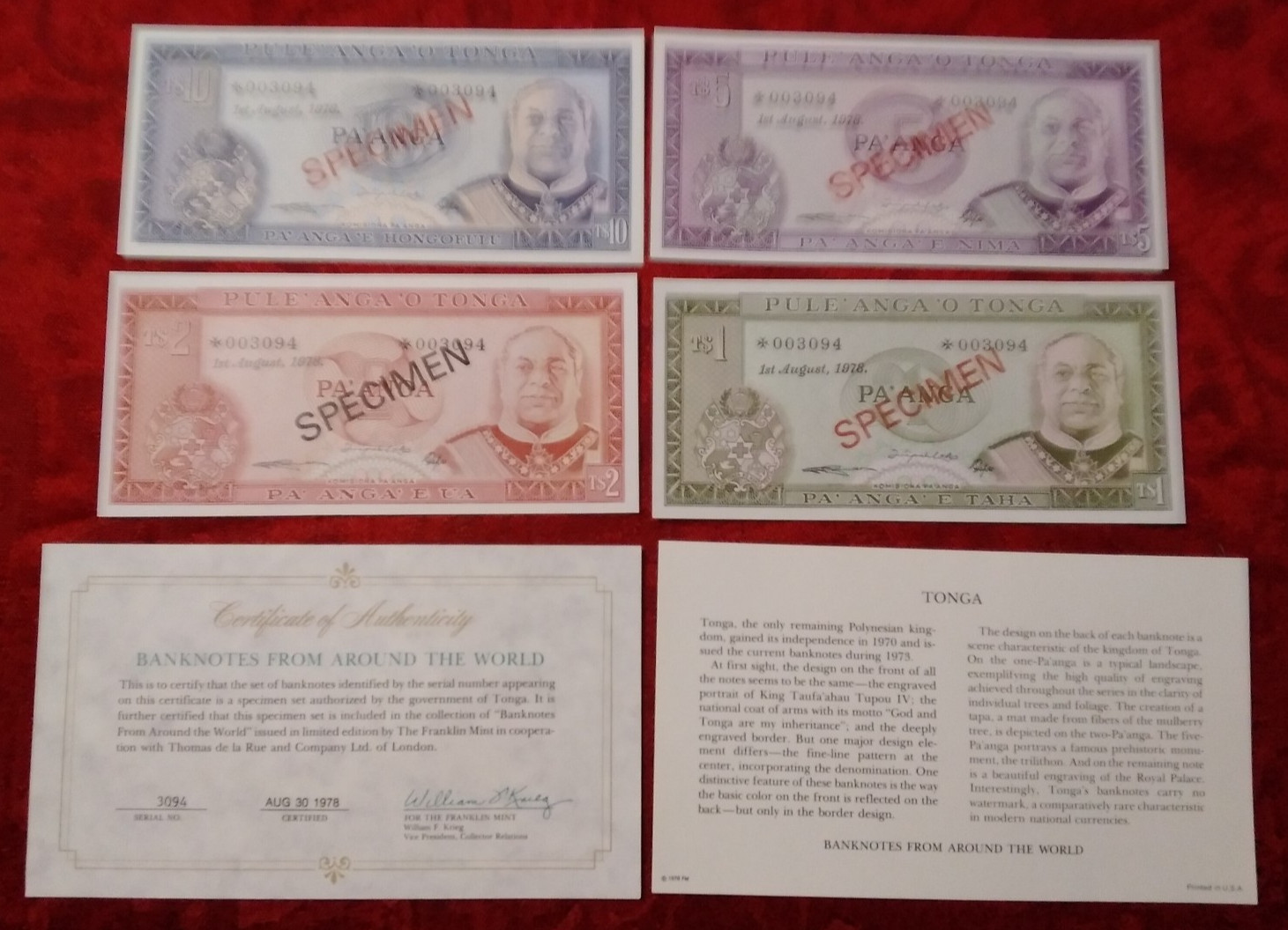 TONGA  COMPLETE 4 SPECIMEN SET 1978 w/COA  003094 CS1 P 19 - 22 UNC COA