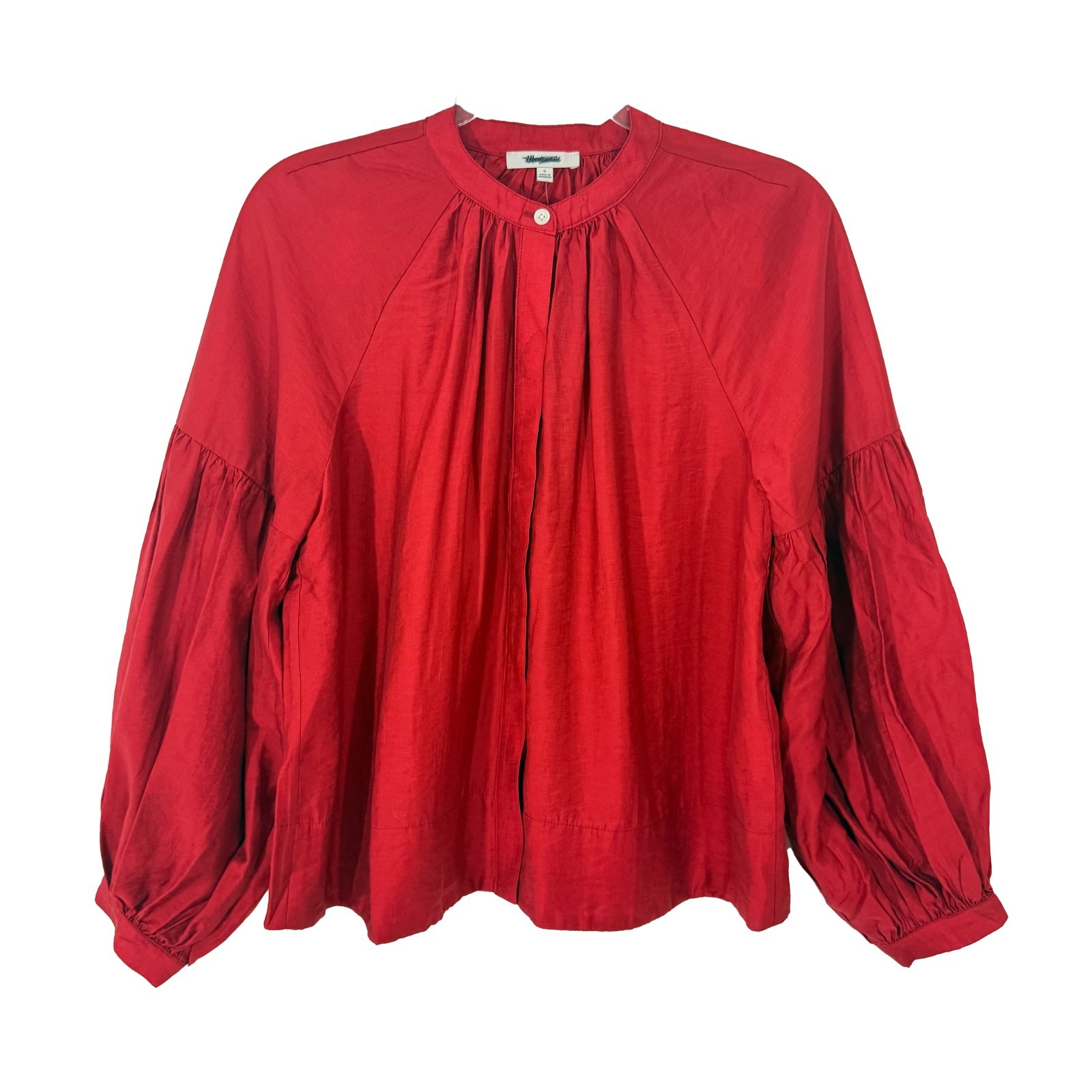 MADEWELL Shirred Balloon-Sleeve Top S Crimson Red Button-Up Blouse NEW Tag B11