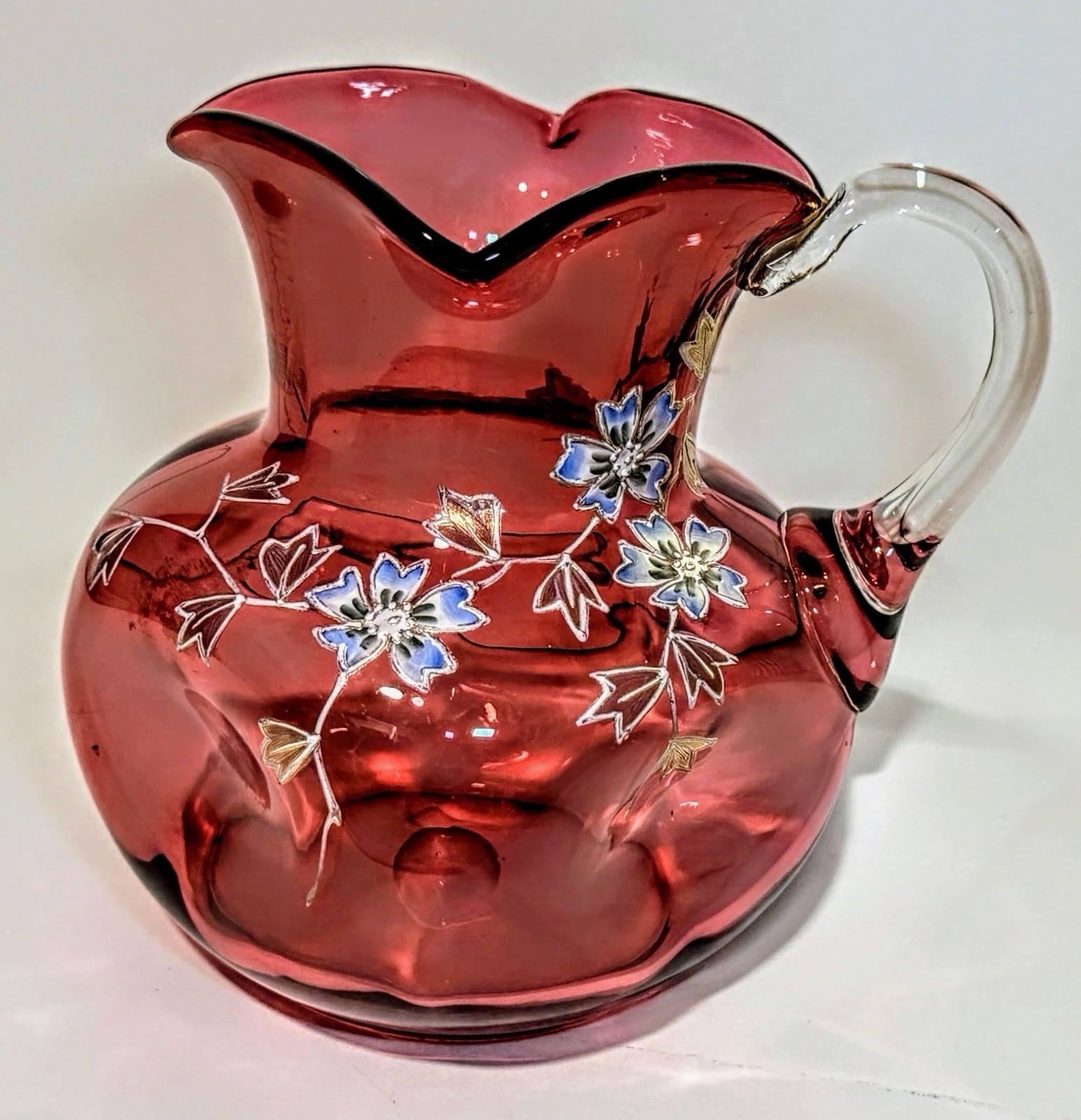 Antique Bohemian Cranberry Glass Jug Attributed To Moser Enamel Gilt 17cm