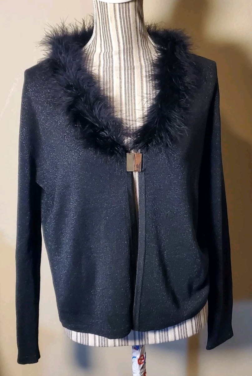 JOSEPH A Qu\'est Silk Knit Long Length Sleeve Black Silk Top Faux Fur Trim sz XL JOSEPH A Qu\'est Silk Knit Long Length Sleeve Black Silk Top Faux Fur Trim sz XL