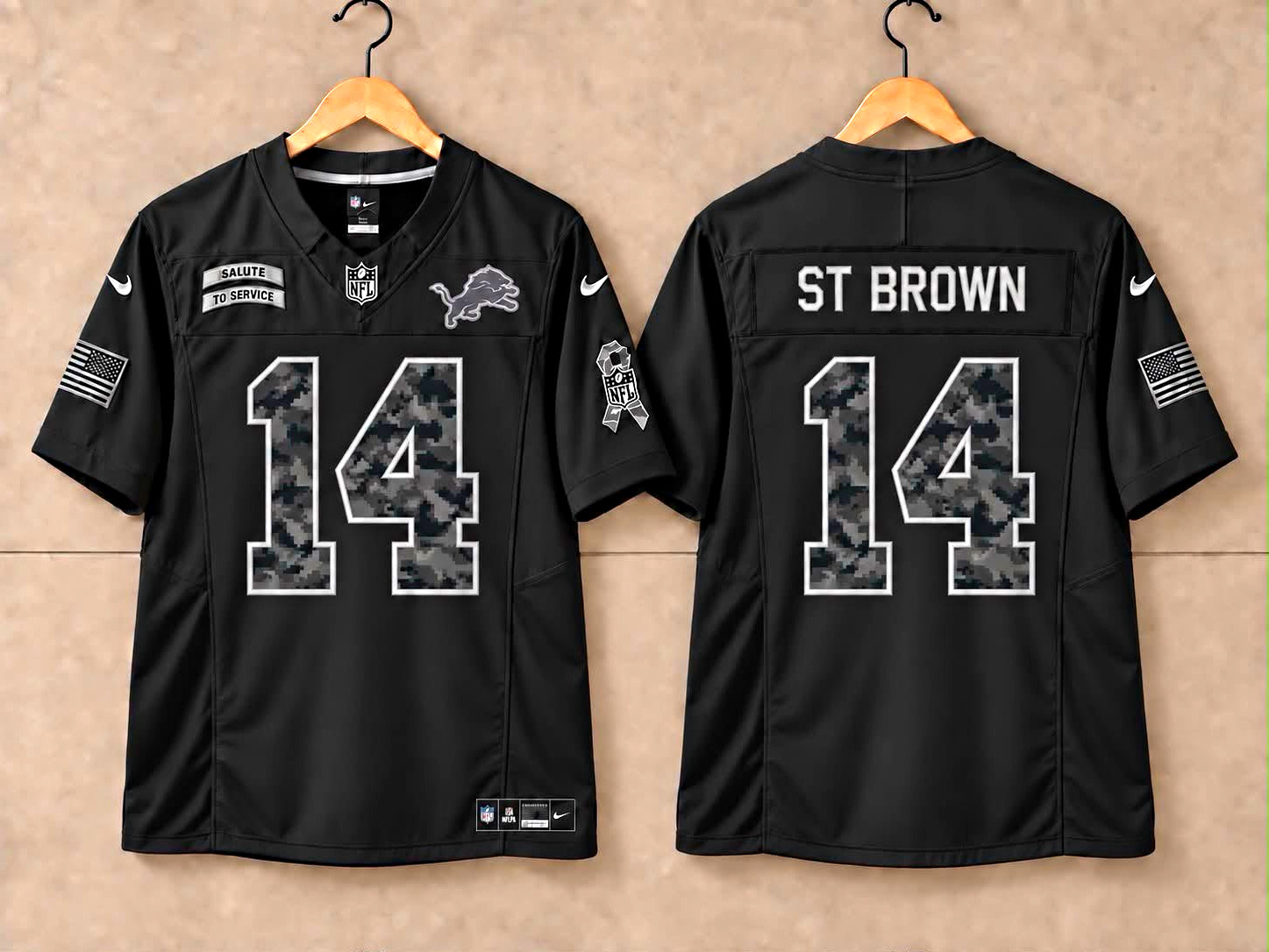 Nike Detroit Lions Amon-Ra St. Brown #14 Salute to Service Jersey Black All Size Nike Detroit Lions Amon-Ra St. Brown #14 Salute to Service Jersey Black All Size