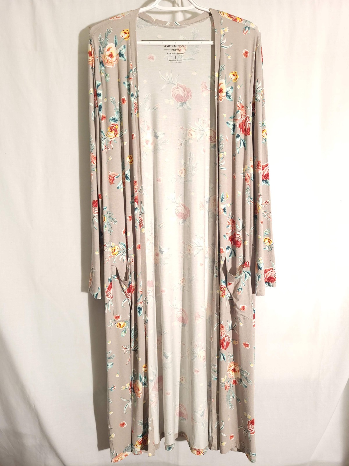 Torrid Super Soft-Tan Red Green Floral Long Open Front Knit Cardigan-2X