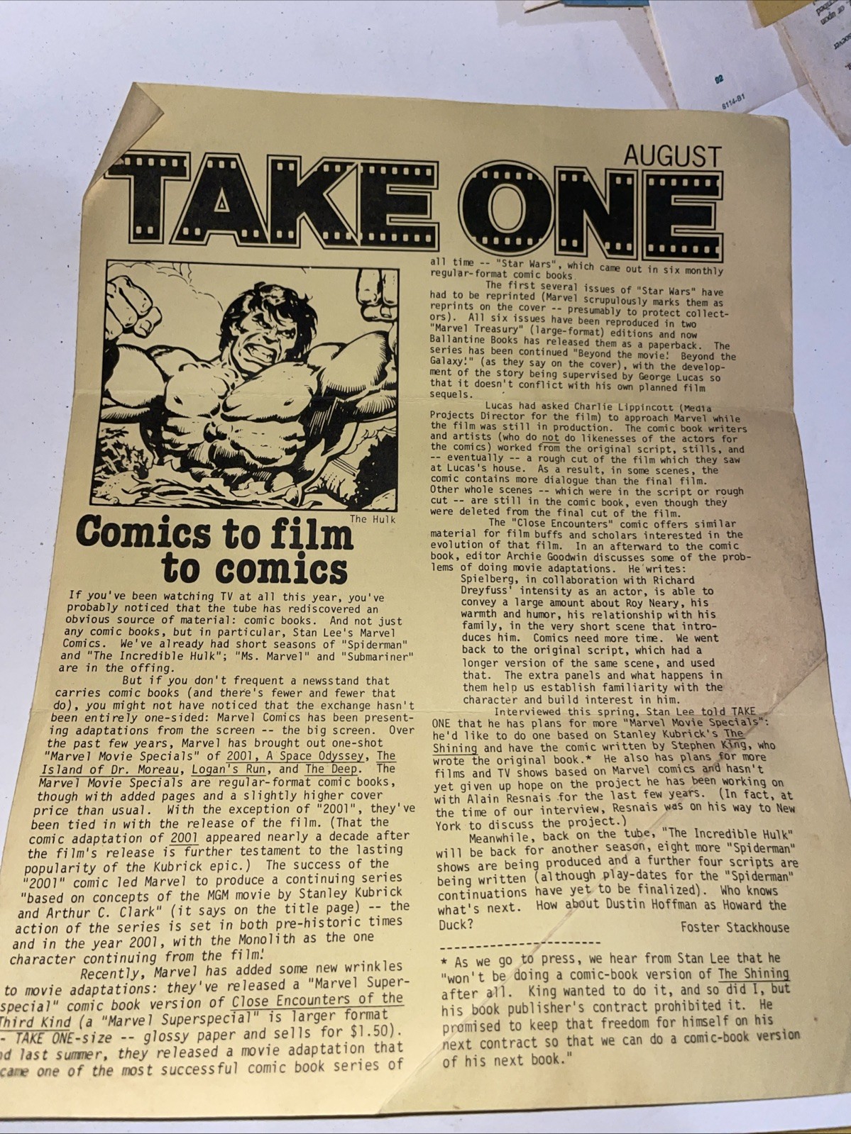 August 1978 issue of Take One, a promotional or informational mini-newsletter August 1978 issue of Take One, a promotional or informational mini-newsletter