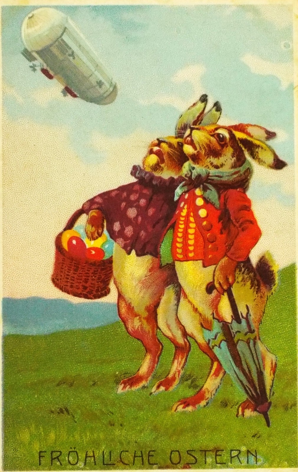 RARE FABULOUS FANTASY 1909 Zeppelin Dressed Rabbit Easter Eggs Germany Berlin RARE FABULOUS FANTASY 1909 Zeppelin Dressed Rabbit Easter Eggs Germany Berlin