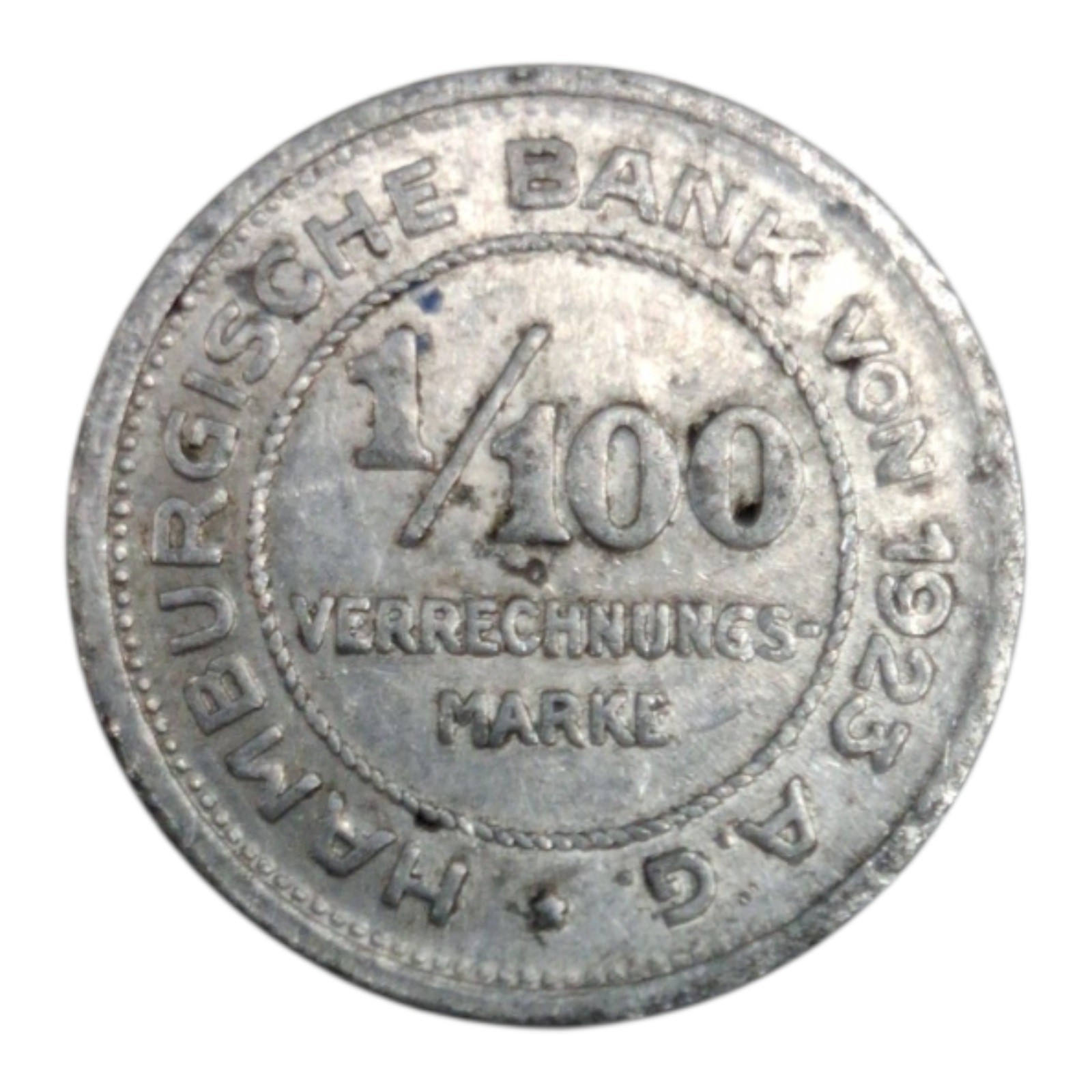 1923 City of Hamburg 1/100 Verrechnungs-Marke Notgeld Coin