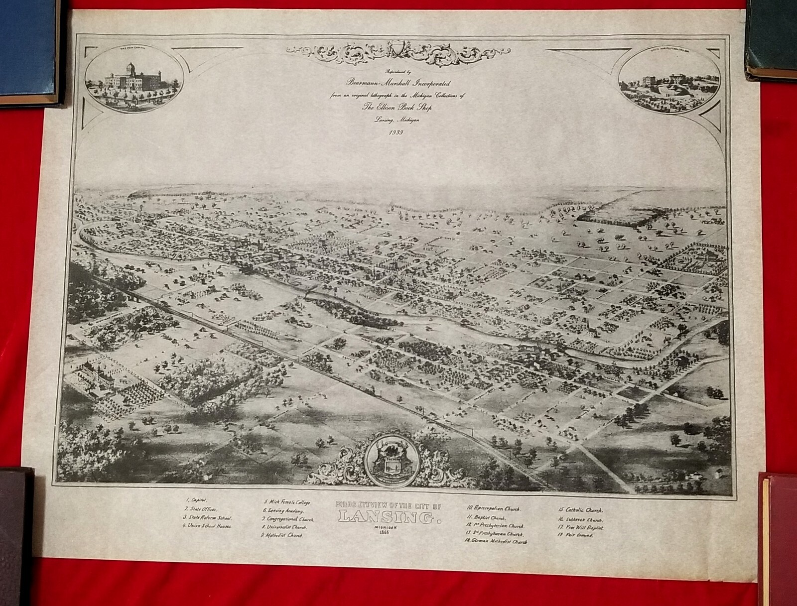 1866 Lansing Michigan MI Capital Historic Panoramic Town Birdseye Map 1939 Repro