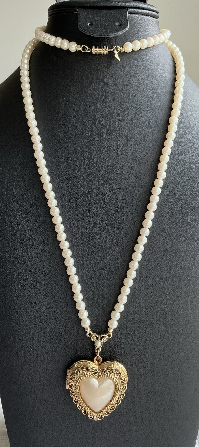 1928 Gold-Tone Faux White Pearl Filigree Heart-Shaped Locket Necklace Vintage 1928 Gold-Tone Faux White Pearl Filigree Heart-Shaped Locket Necklace Vintage