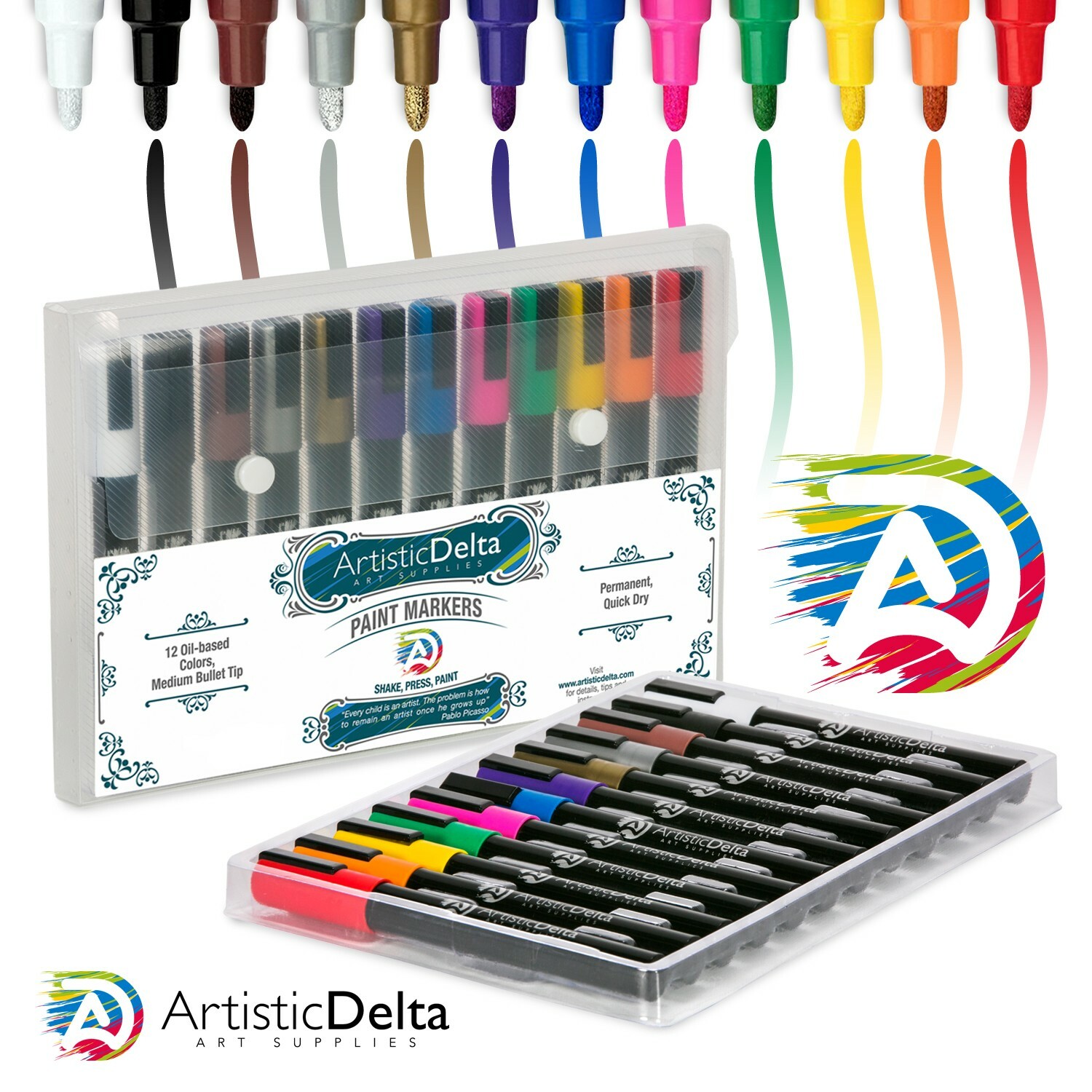 Paint Markers Set of 12 Medium Point Oil-based Art Pens w/Durable Case Paint Markers Set of 12 Medium Point Oil-based Art Pens w/Durable Case