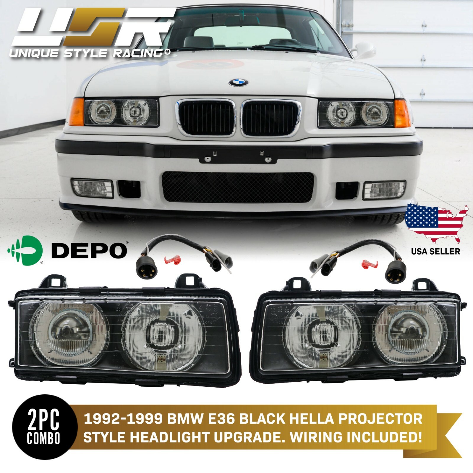 DEPO Euro GLASS Ellipsoid Projector Hella Style Headlamp For BMW E36 3 Series
