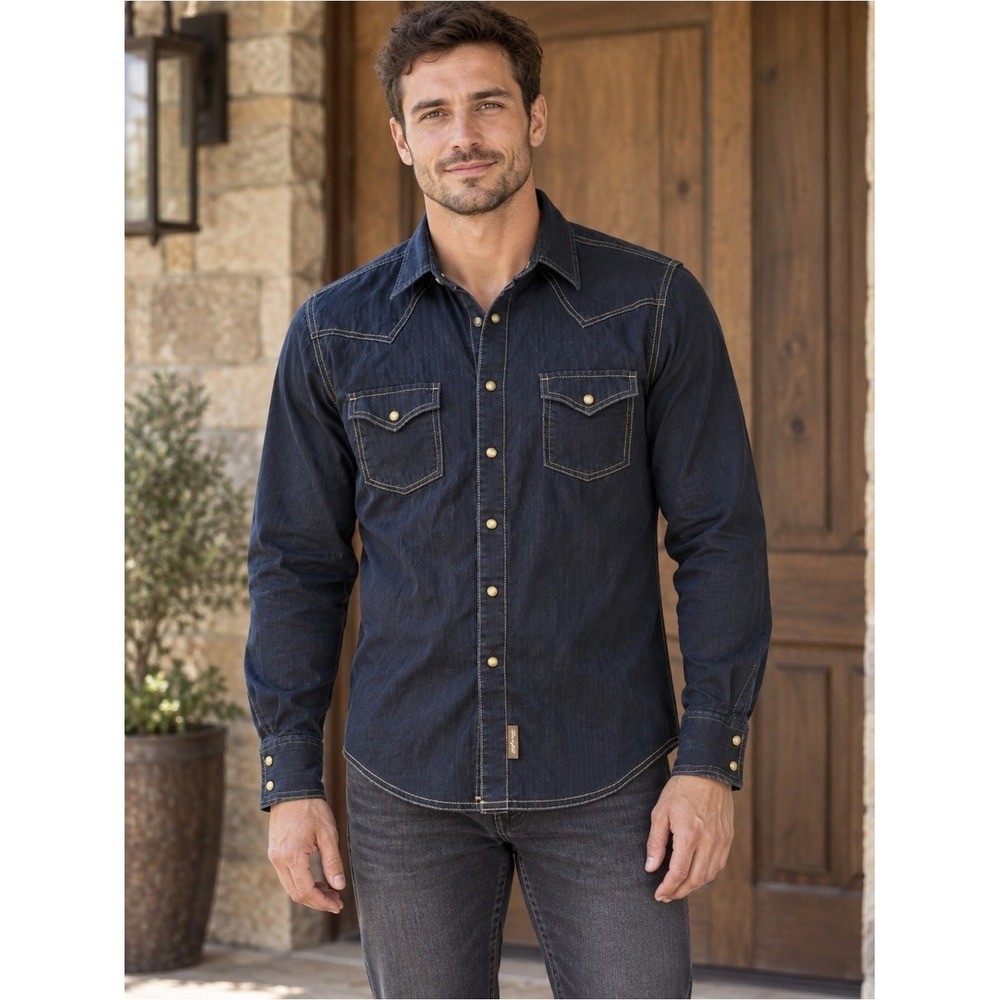 Wrangler Retro Premium Mens Small Indigo Denim Western Snap Shirt 10MVR532X