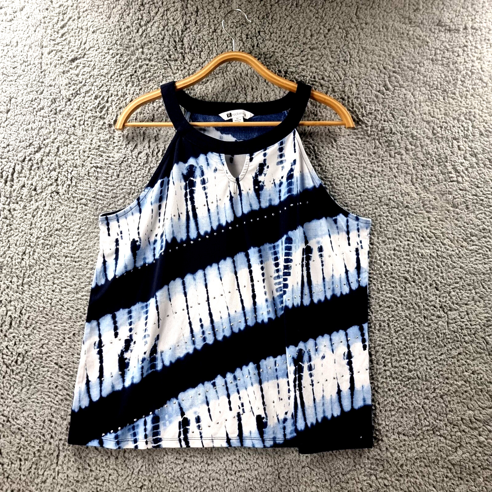 ROCKMANS Womens Tank Top Size XL Navy Blue White Stretch Knit Sleeveless Casual