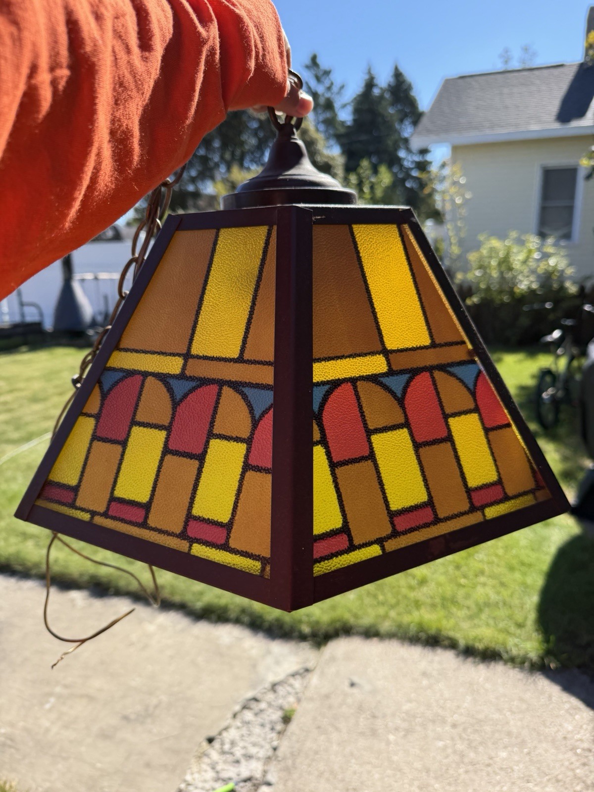 VTG MCM Stained Glass Mission Style Swag Billiards Hanging Light Pendant VTG MCM Stained Glass Mission Style Swag Billiards Hanging Light Pendant