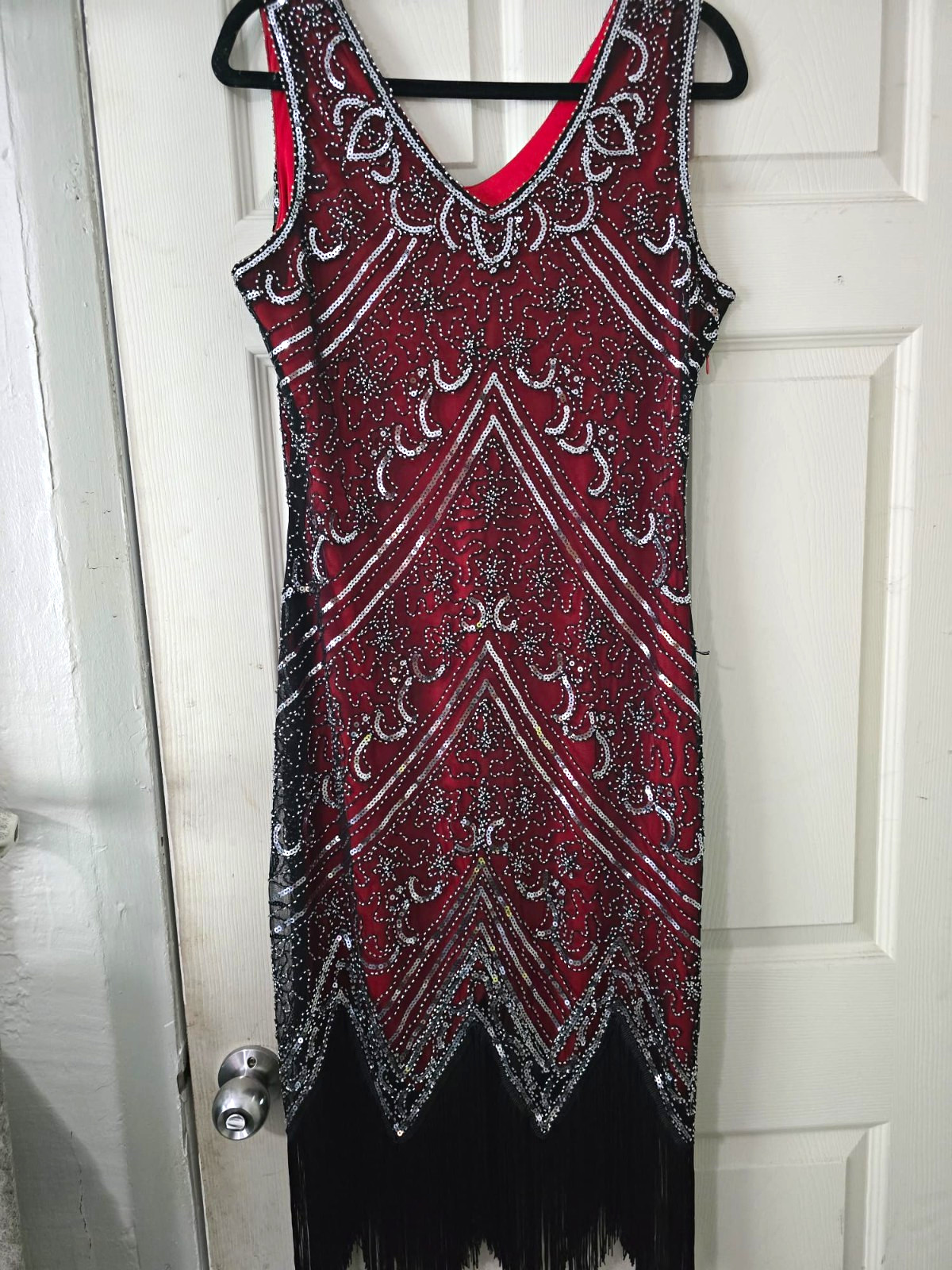 fundaisy Red/Black 1920s V-Neck Sleeveless Beaded Sequin XL With Accessories fundaisy Red/Black 1920s V-Neck Sleeveless Beaded Sequin XL With Accessories
