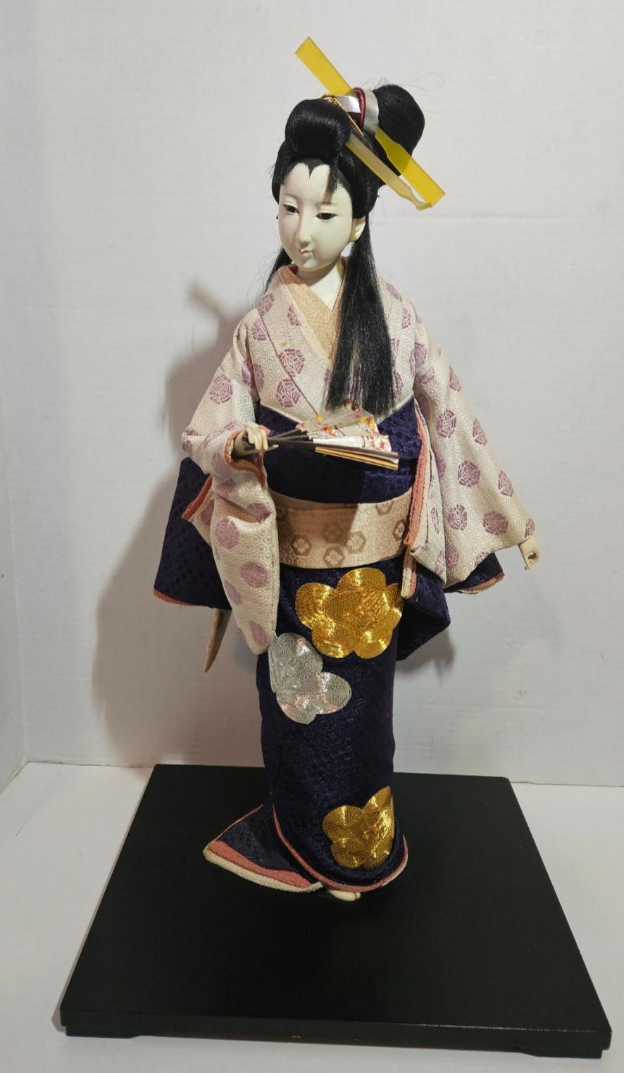 Vintage Japanese Ningyo Doll Silk Kimono Gofun Face 21in Lacquer Base