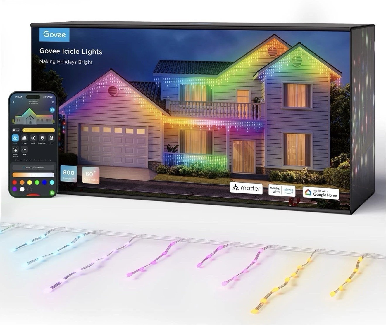 Govee Icicle Lights, Smart RGBIC Christmas Icicle Lights for Outside, 65.6ft