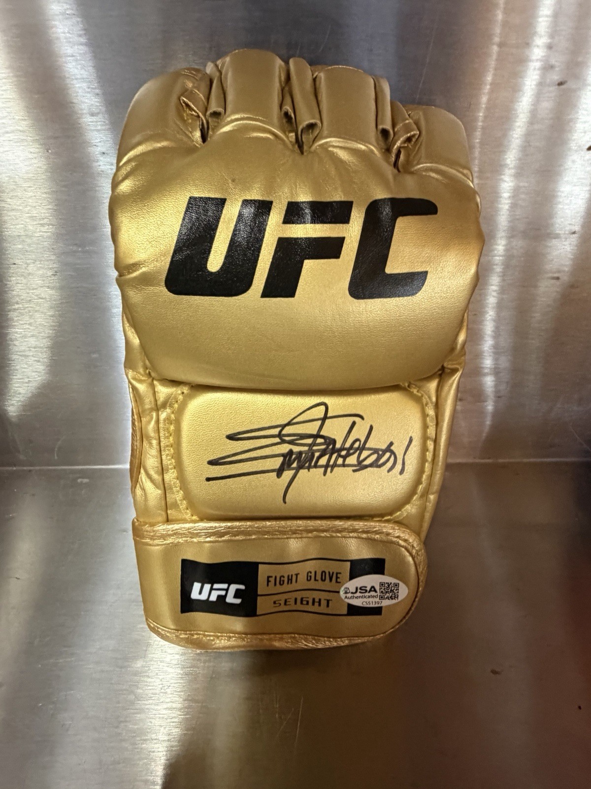 Ateba Gautier Signed Official Gold Official UFC Glove JSA COA “THE STORM” UFC