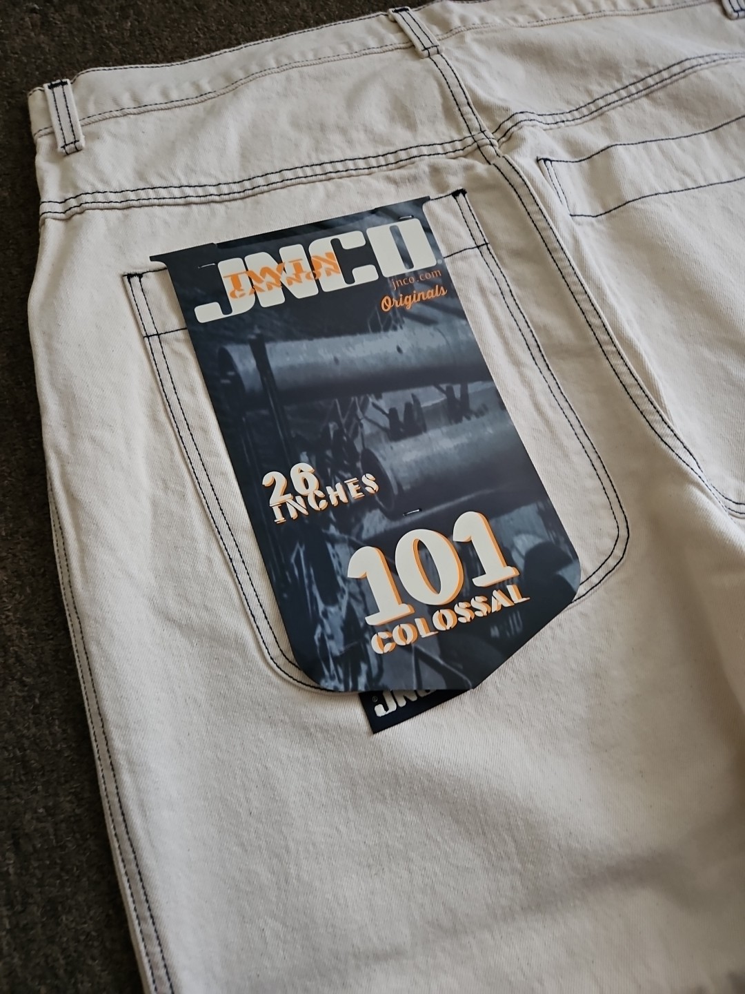 NWT JNCO Twin Cannon Jeans White Denim Embroidered Spiral J Logo Mens 42x32 NWT JNCO Twin Cannon Jeans White Denim Embroidered Spiral J Logo Mens 42x32