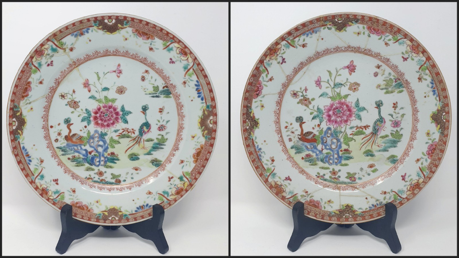 Pair 18thC Chinese Qianlong Famille Rose Peacock Plates Antique Export Restored 