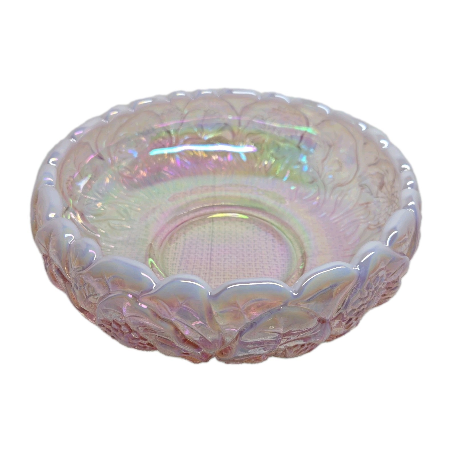 Vtg Fenton Water Lily & Cattails Pink Opalescent Iridescent Console Bowl 8