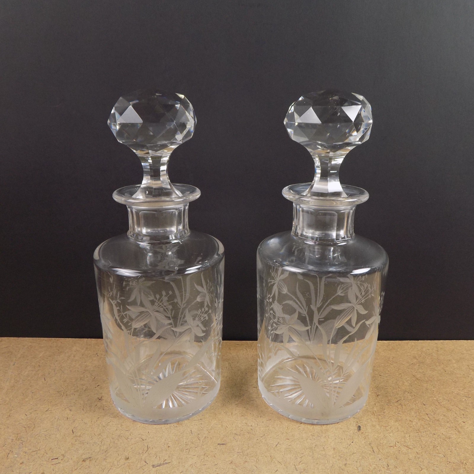 Pair of Antique Floral Engraved Glass Cologne Dresser Bottles 8 Pair of Antique Floral Engraved Glass Cologne Dresser Bottles 8