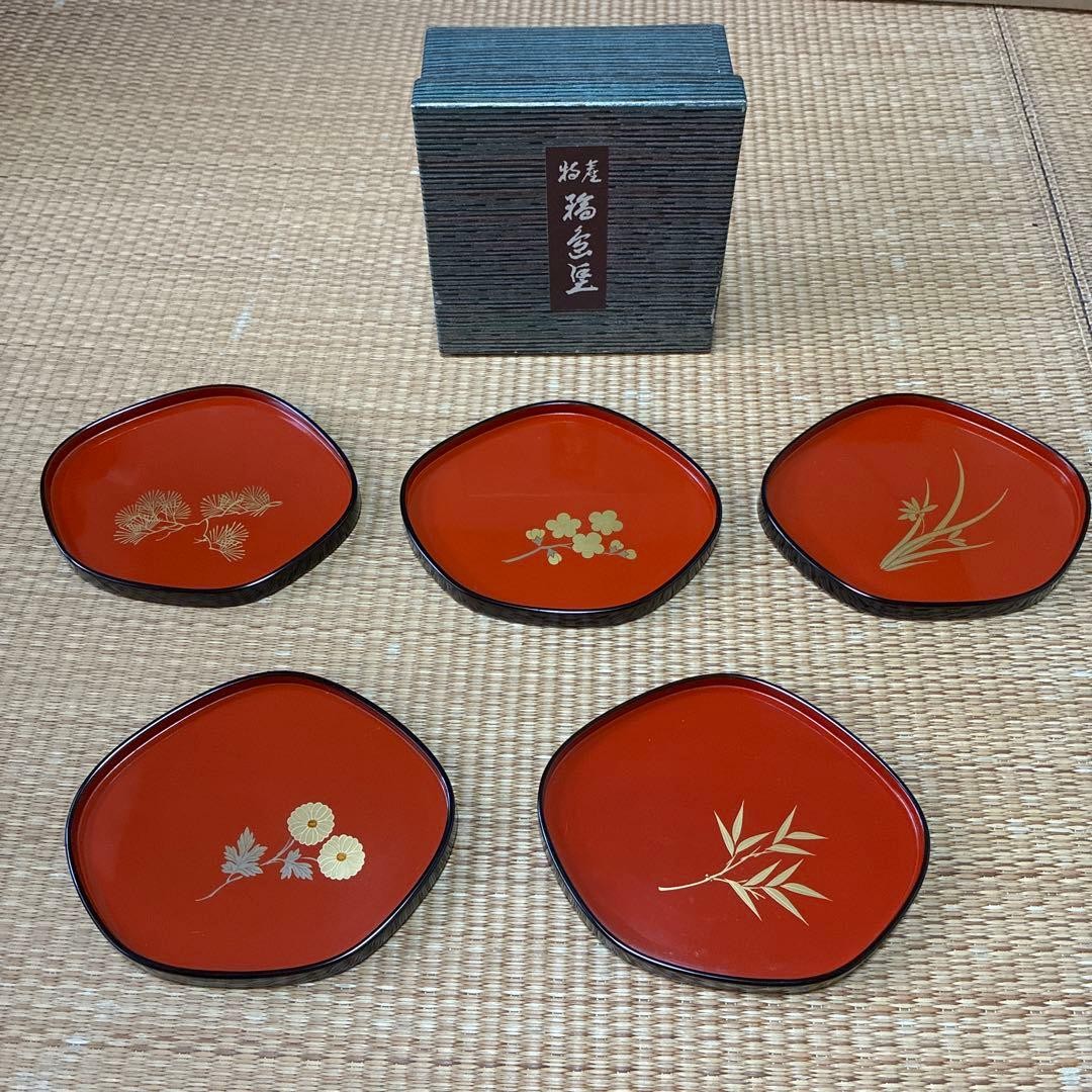Wajima Lacquer Makie Small Plates Set of 5 Red Gold Wood Japanese 15.7 cm
