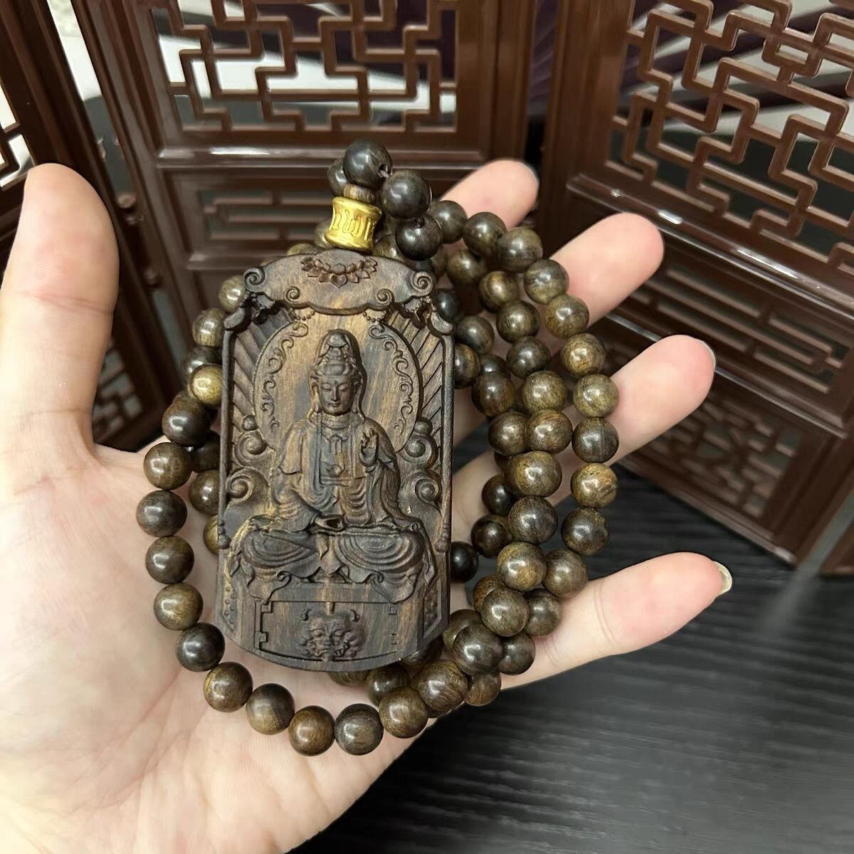 8mm*108 Natural Agarwood Beads Lotus Guanyin Six Words Proverbs Buddha Necklace