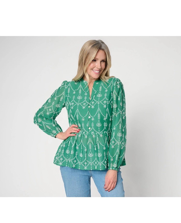 LOGO by Lori Goldstein Lavish Embroidered Long Sleeve Blouse Mystic Green L New