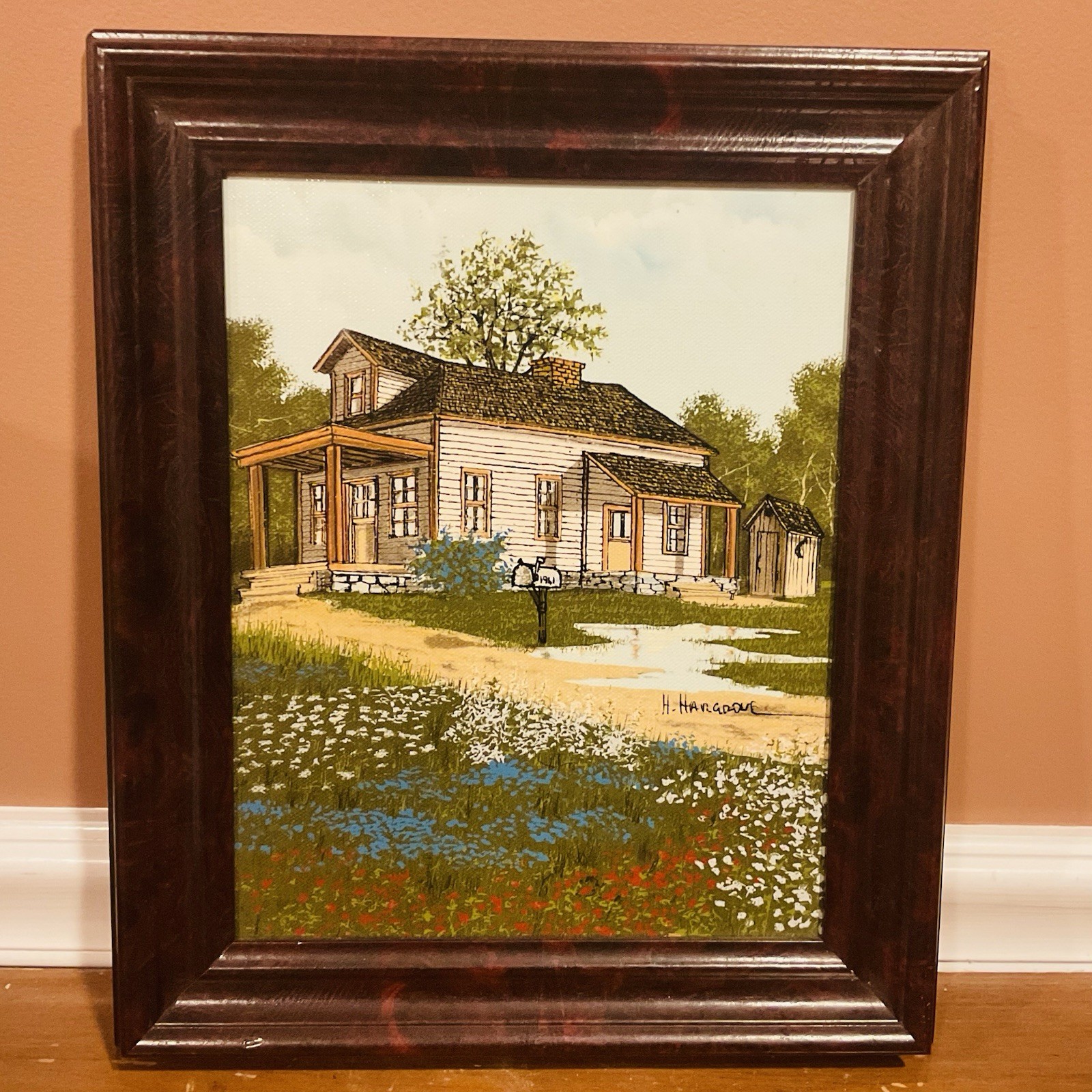 Signed H. Hargrove VTG Framed Canvas Oil Painting Serigraph Country Farm House