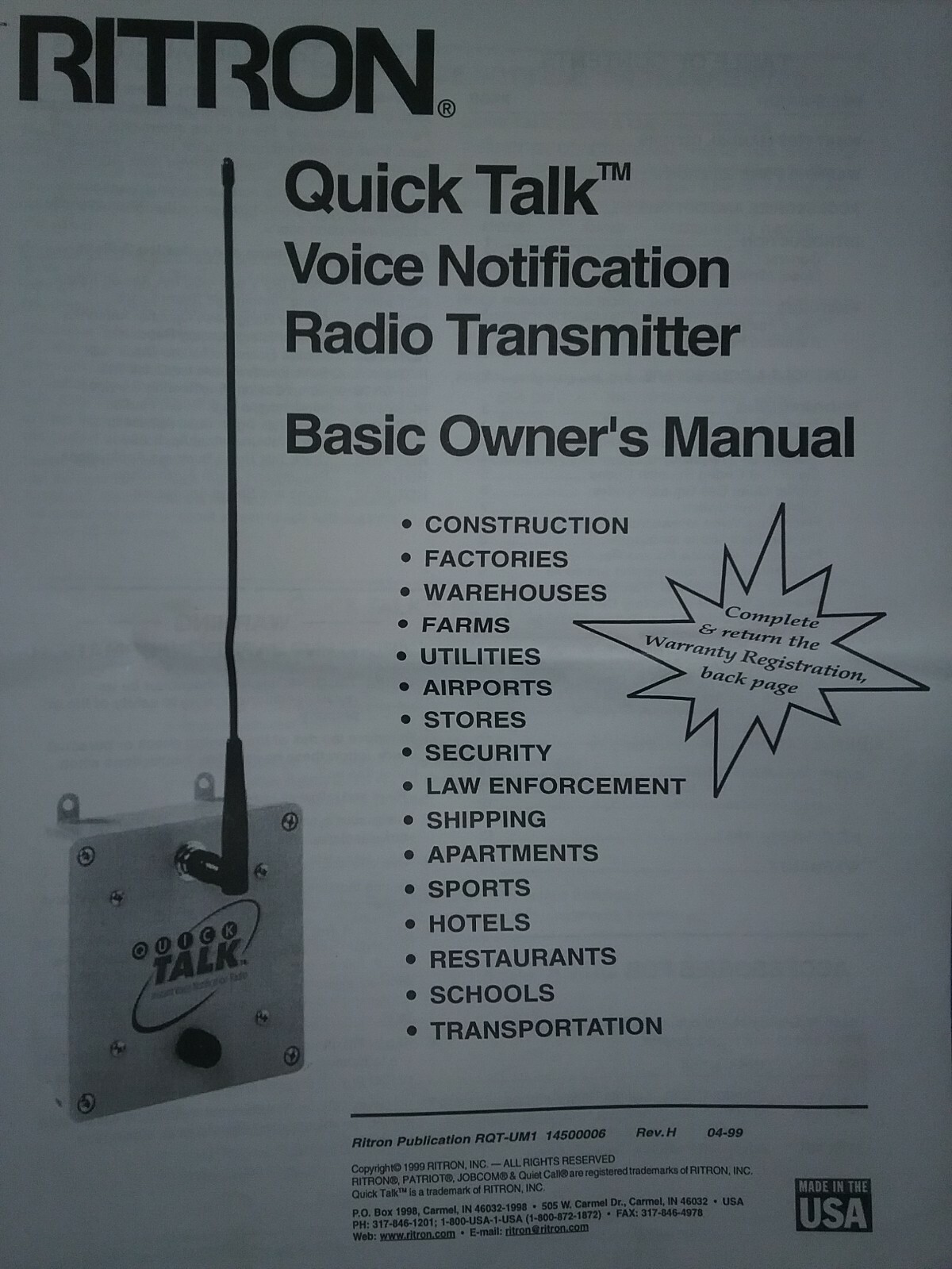 Ritron RQT-450 Quick Talk Voice Notification Radio Transmitter Security GMRS UHF
