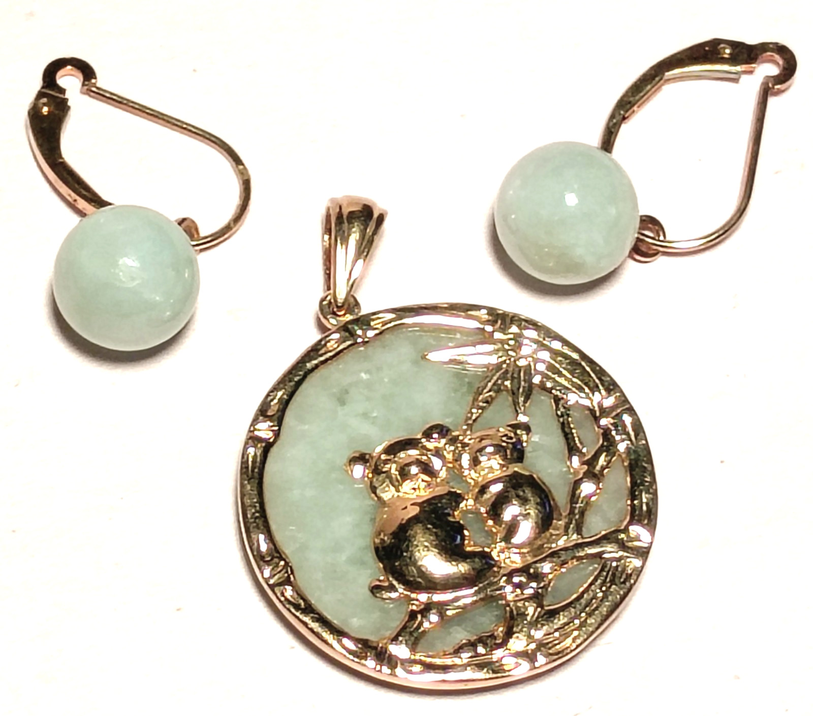Vintage 14k Sanuk Gold & Green Jade Koala Bear Pendant & Earrings Set 7.5g 22mm