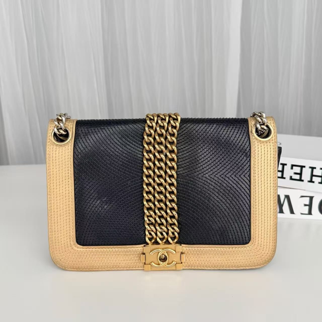 Auth Chanel LeBoy Black Gold Chevron Calfskin Chain Shoulder Crossbody Flap Bag
