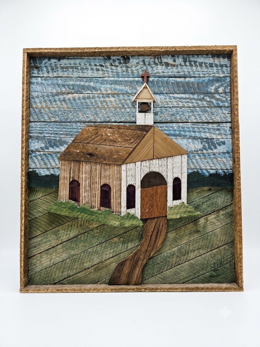 Vtg 1985 E. Lacoste Wood Lath Folk Art Church  Creations in Wood Gulfport MS