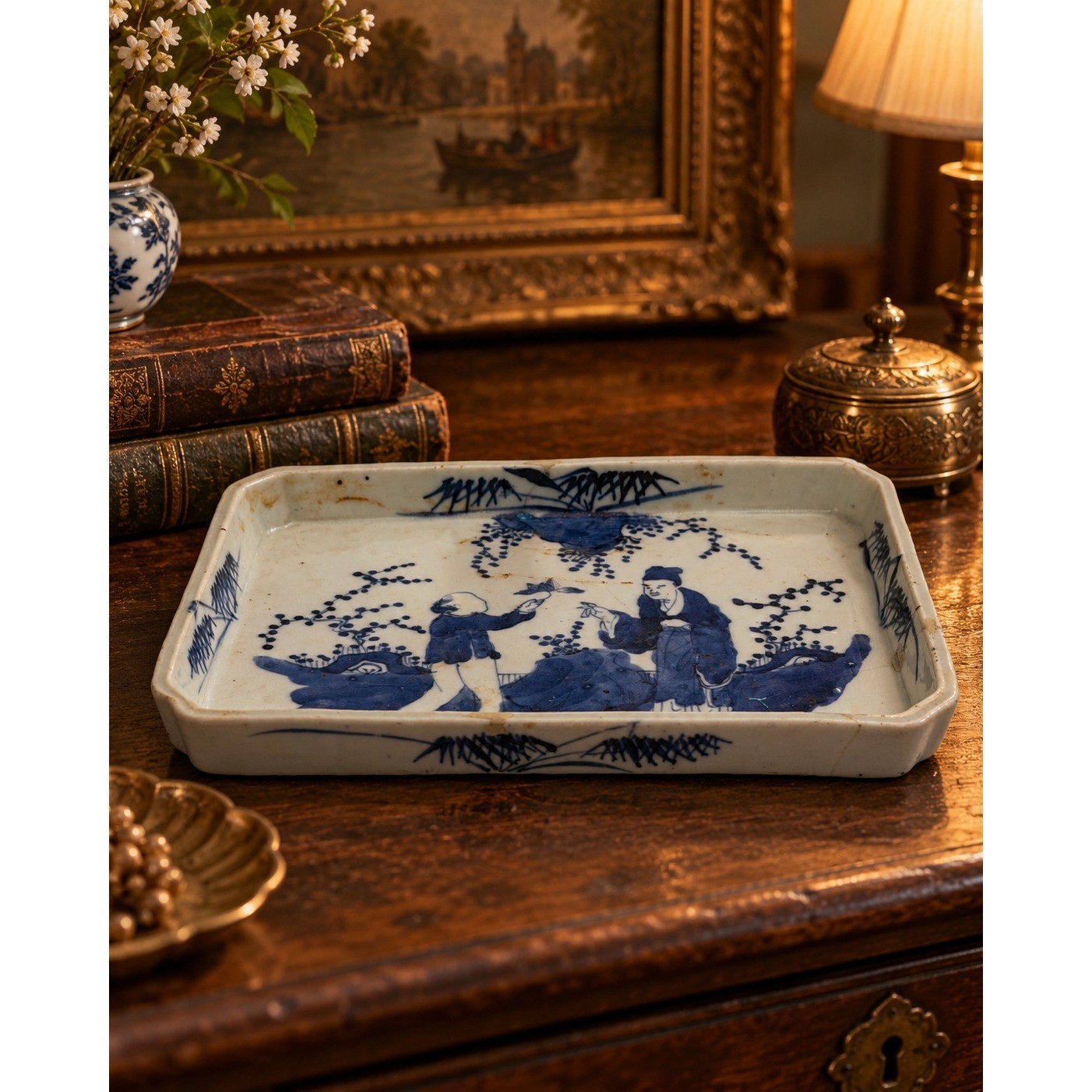 Antique 18thC Chinese Qing Dynasty Blue White Porcelain Scholar Tray 1760-1780