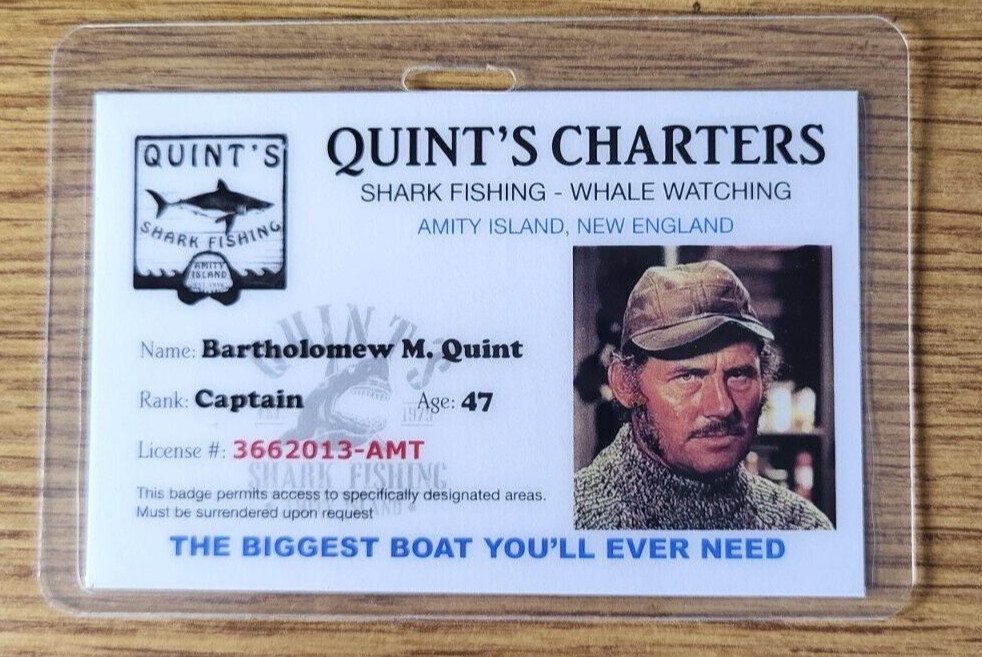 Jaws ID Badge-Quint's Charters Captain Quint costume cosplay prop Jaws ID Badge-Quint's Charters Captain Quint costume cosplay prop