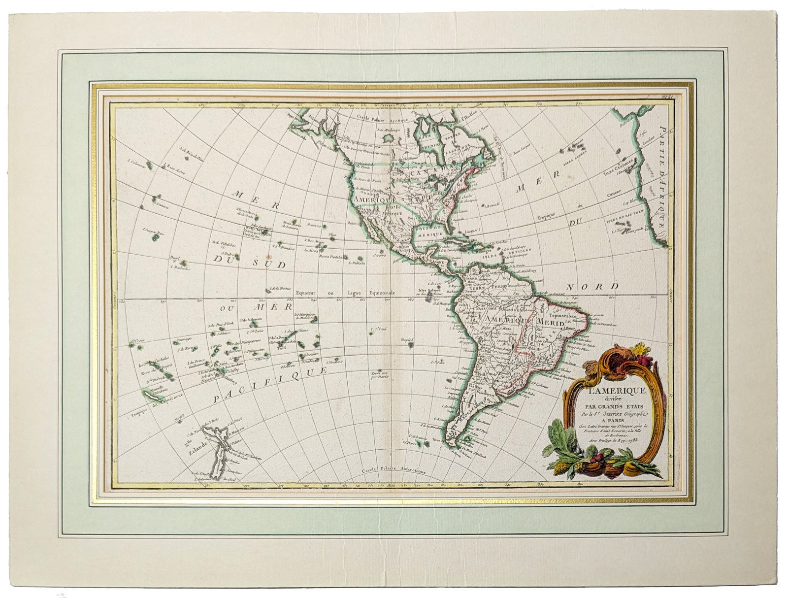 1783 Janvier Antique Map L'Amerique Divisee Par Grands Etats Revolutionary War