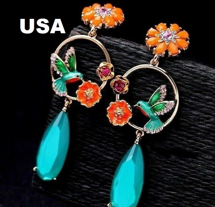 US Seller Betsey Johnson Antique Style Multi-colored Crystal Bird Earrings