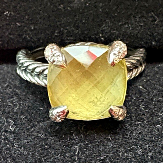 David Yurman Silver Tone  Cocktail Ring Yellow Cushion Stone Prong Set Size 7