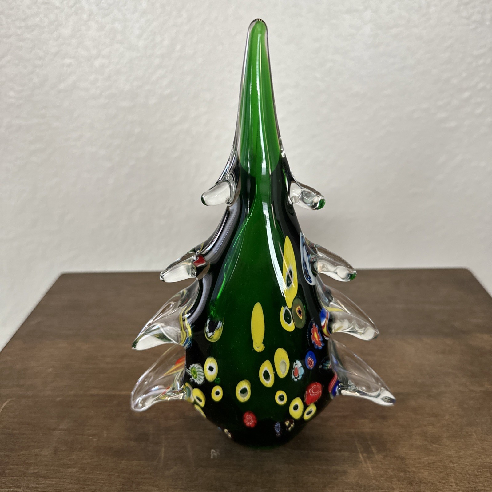 Vintage Glass Murano Millefiori Heavy Green Christmas Tree Figurine 8 1/2” Tall Vintage Glass Murano Millefiori Heavy Green Christmas Tree Figurine 8 1/2” Tall