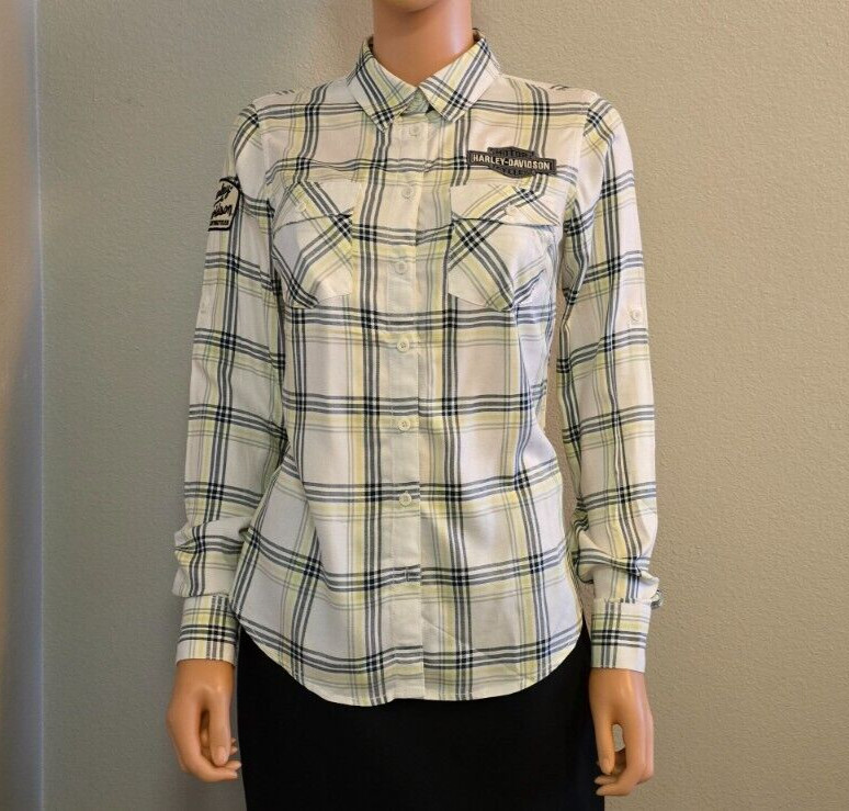 Harley Davidson Women\'s Plaid Shirt Off White XS New