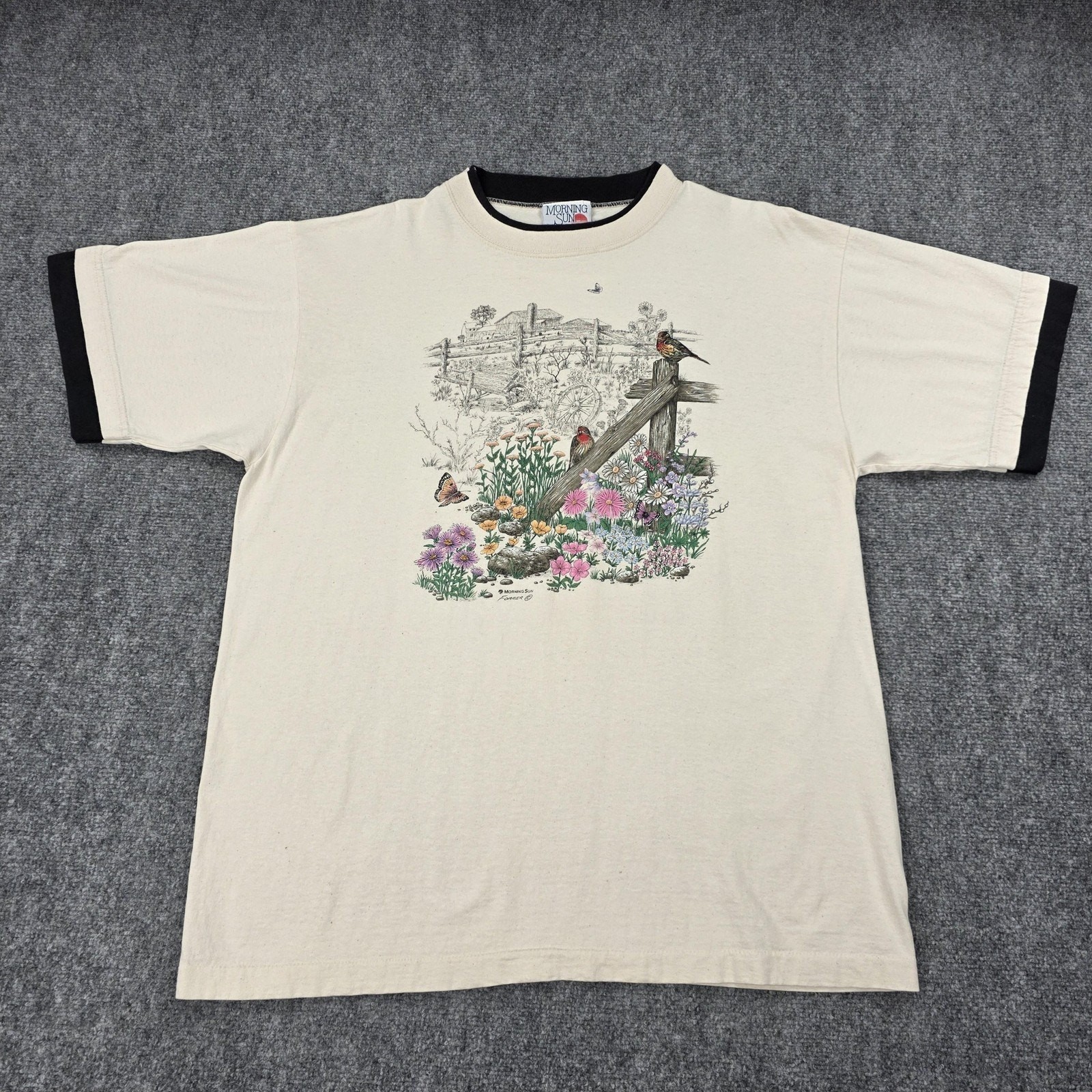 Vintage Morning Sun Shirt Mens XL Cream Ringer Bird Floral Nature Graphic USA