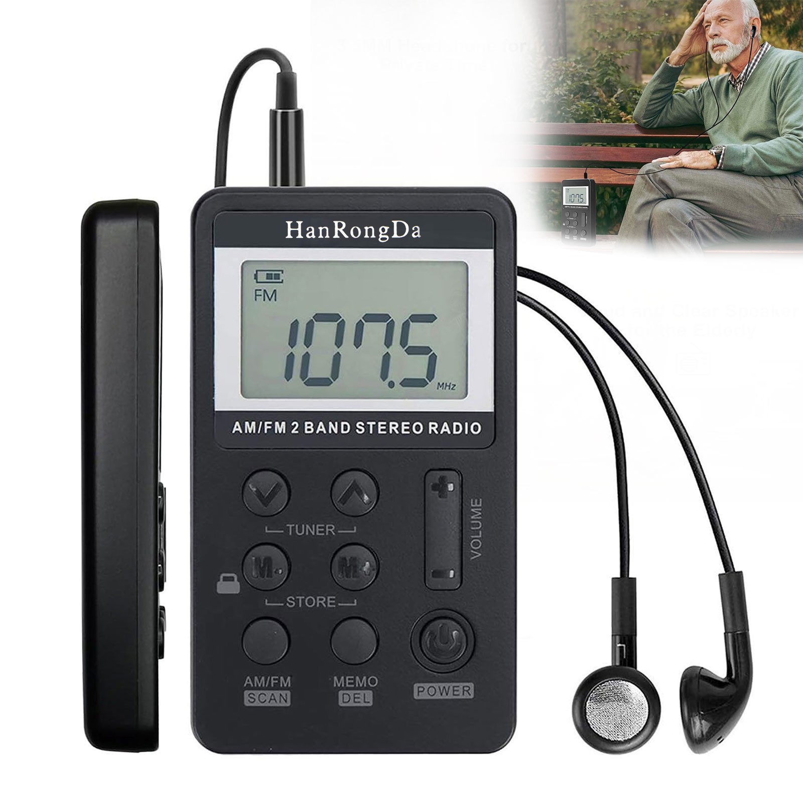 Portable AM FM Radio Digital Pocket Radio Rechargeable LCD Display w/ Earphones