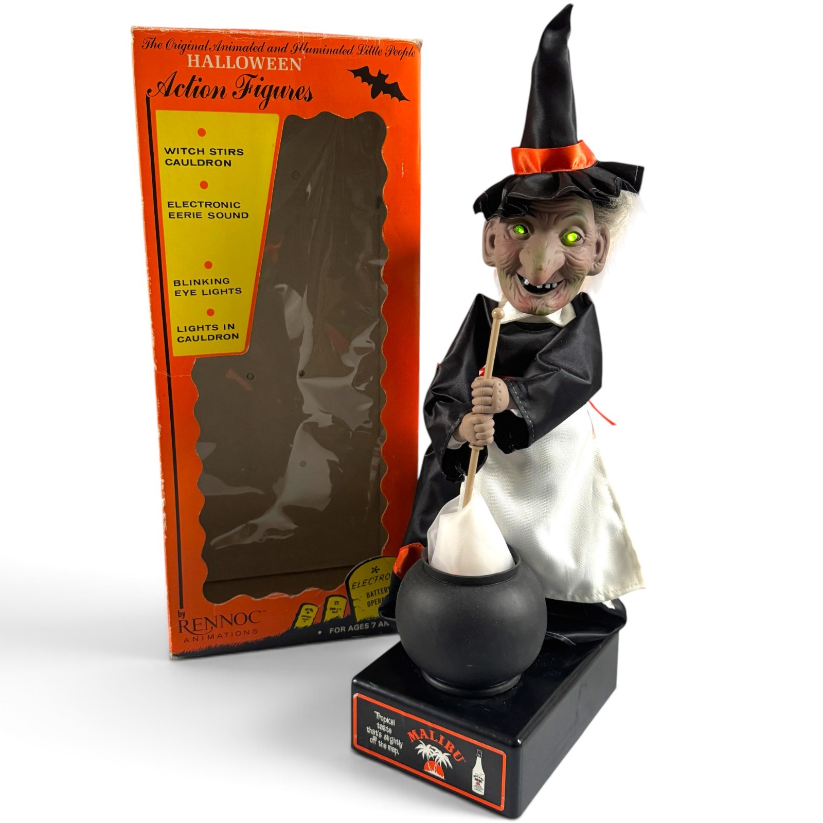 Vintage Halloween Witch Stirring Cauldron Malibu Rum POS Rennoc Animations WORKS