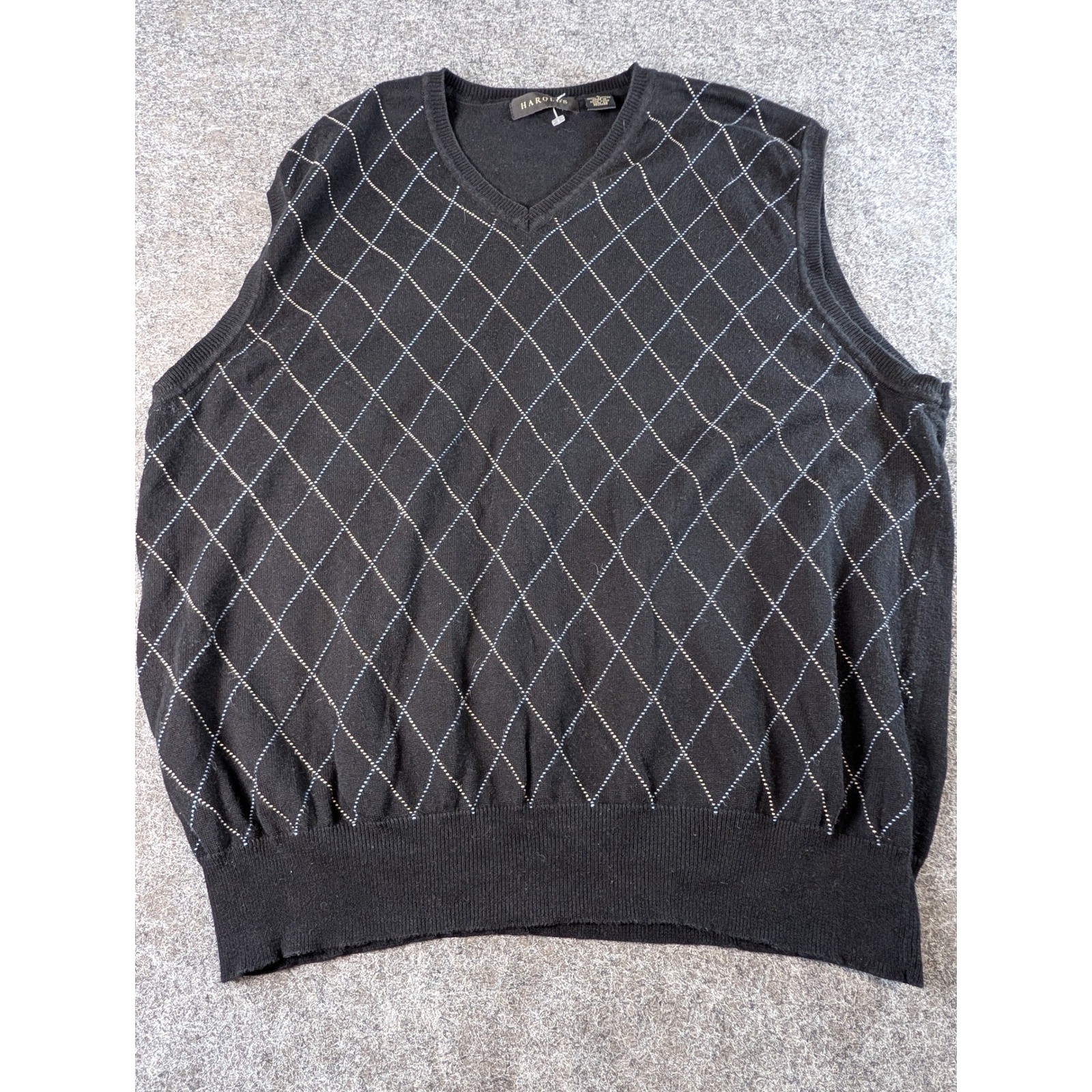 Harolds Mens V-Neck Argyle Sweater Vest Black Cotton Large NWOT