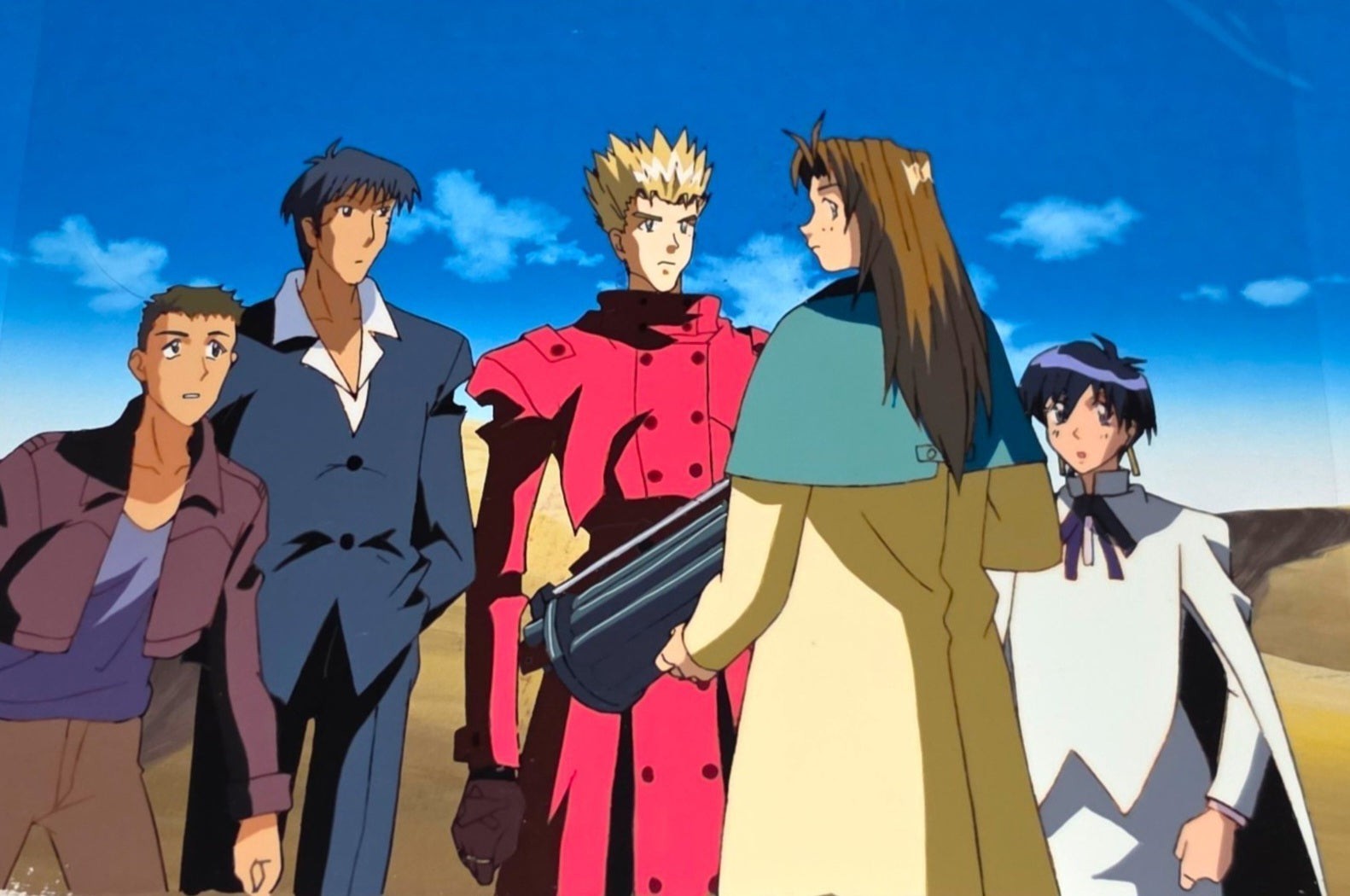 Trigun : Vash, Wolfwood Milly Thompson & Meryl Strife animation cel + background