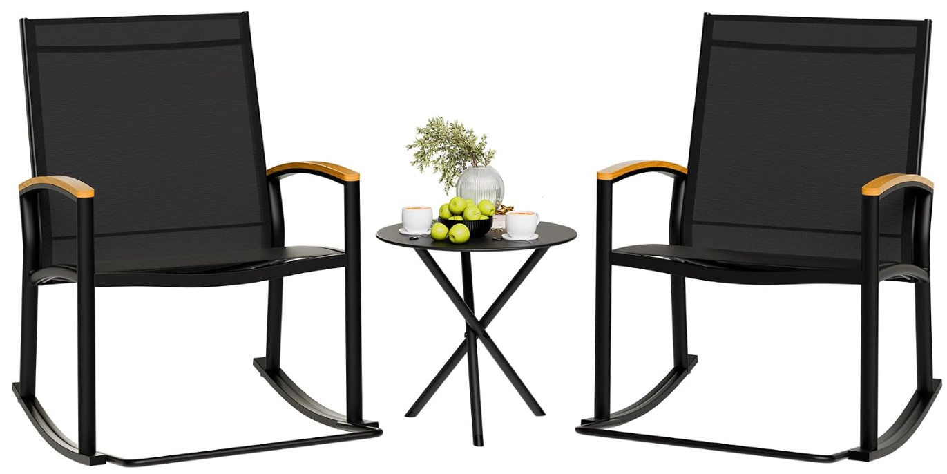 Set de Patio 3 Piezas, Sillas Mecedoras Textilene y Mesa para Jardín, Negro