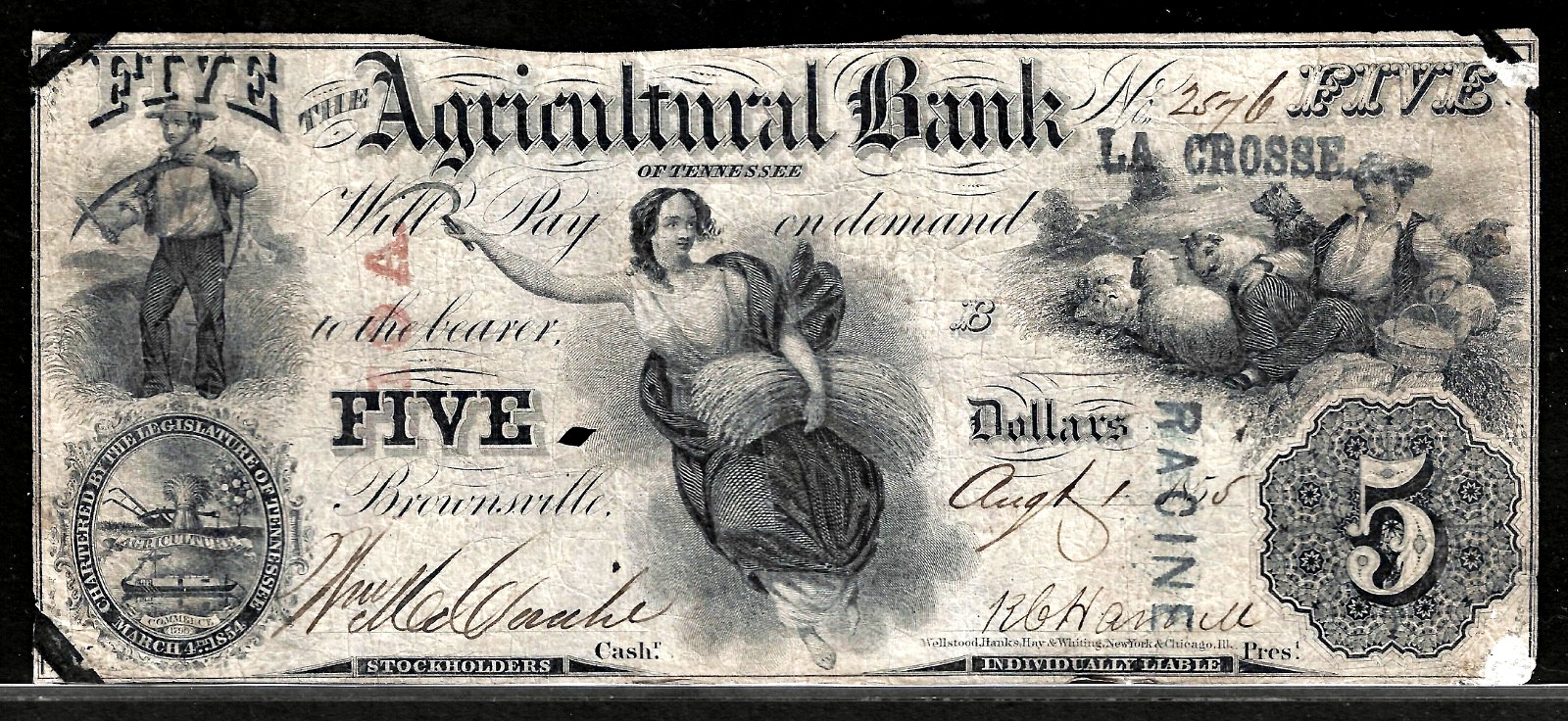 Aug 1, 1855 Brownsville TN Agricultural Bank of Tennessee $5 Obsolete Banknote