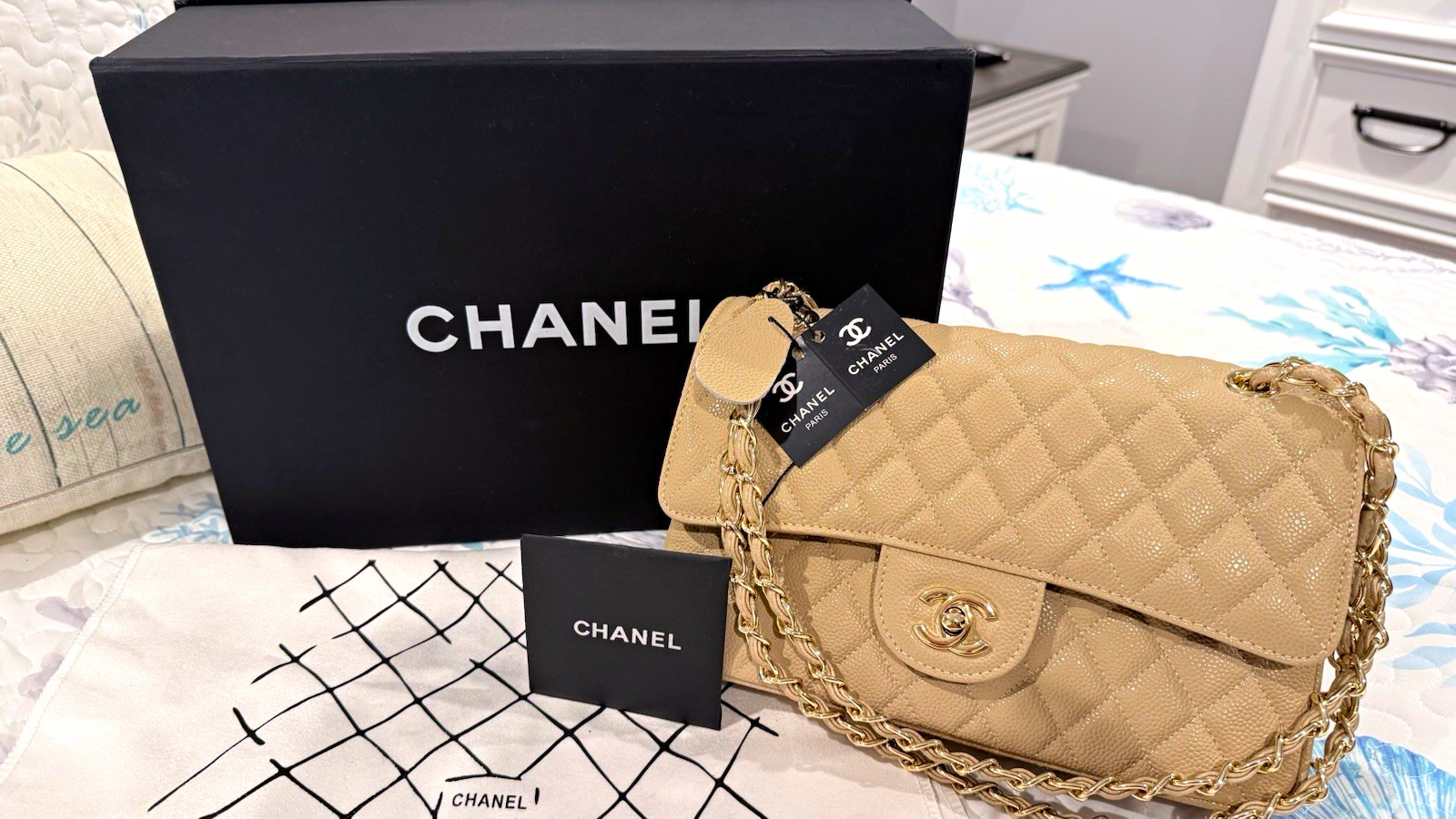 CHANEL Beige Quilted Flap Shoulder Bag Chain Strap Turn Lock Gold Hardware